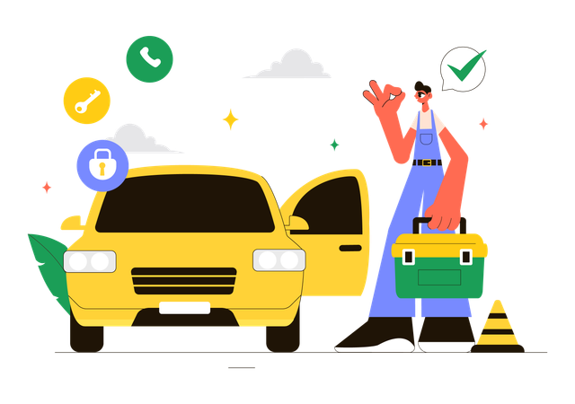 Reparador de pie con un juego de herramientas abriendo la puerta del coche  Ilustración
