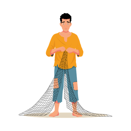 Trabajador de reparación de redes de pesca  Ilustración