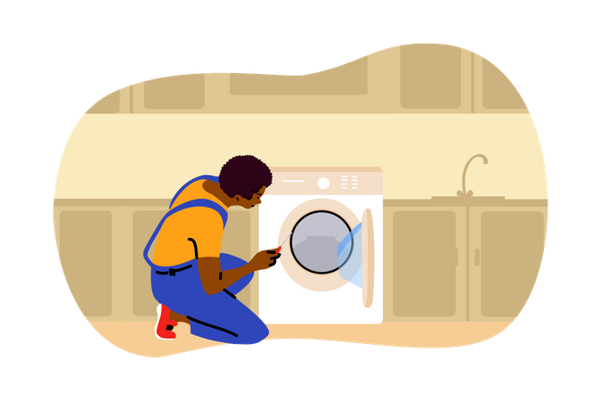 Reparador consertando máquina de lavar  Ilustração