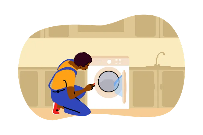 Reparador reparando lavadora  Ilustración