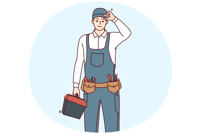 Reparador sonriente con uniforme e instrumentos  Ilustración