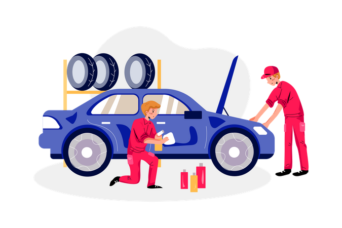 Reparador, verificando o motor e limpando o carro  Ilustração