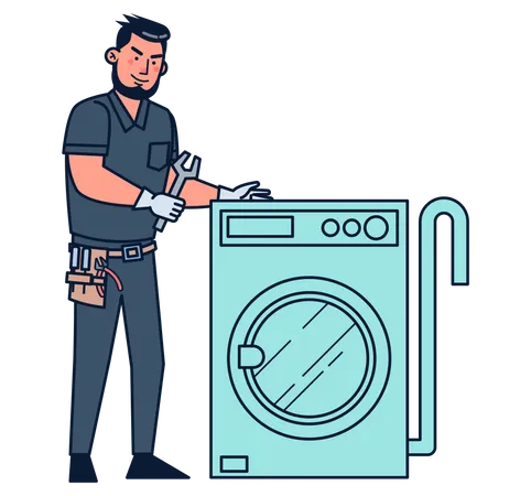Reparadores reparando lavadora  Ilustración