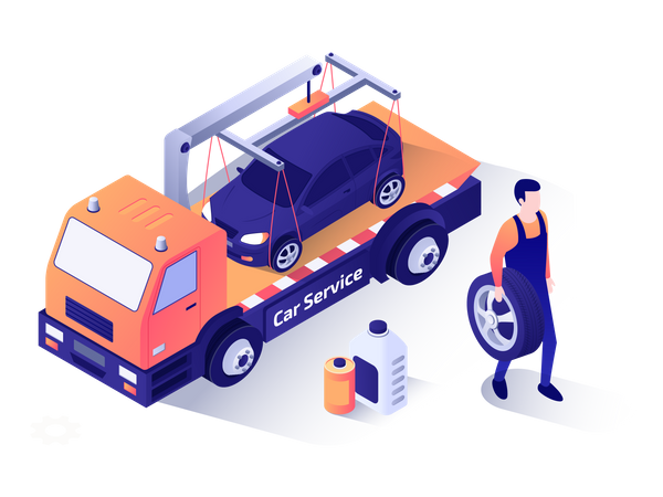 Réparateur de voiture marchant avec un pneu à la main  Illustration
