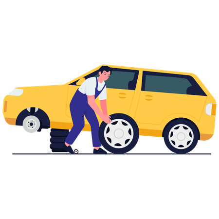 Un réparateur effectue le remplacement d'un pneu de voiture  Illustration