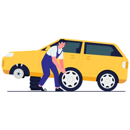 Un réparateur effectue le remplacement d'un pneu de voiture  Illustration