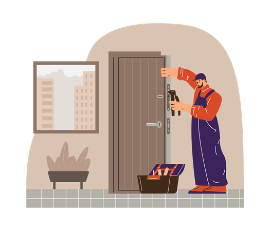 Réparateur qui effectue l'installation de la porte avec une perceuse  Illustration