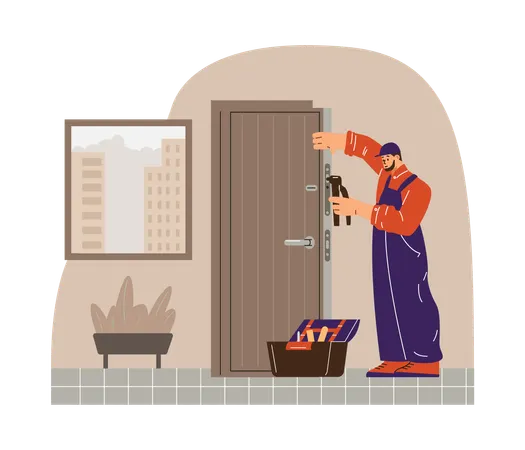 Réparateur qui effectue l'installation de la porte avec une perceuse  Illustration