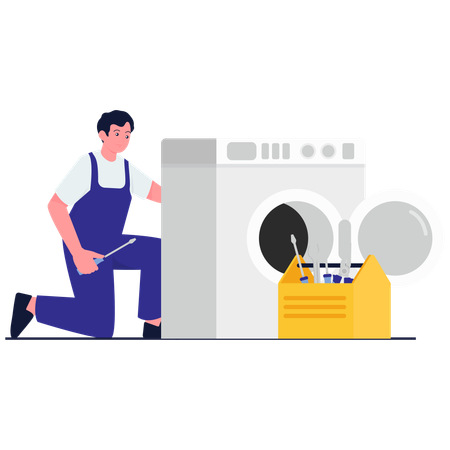 Réparateur travaillant sur la réparation d'une machine à laver  Illustration