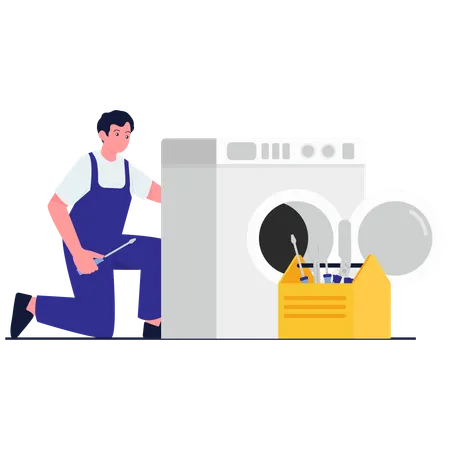Réparateur travaillant sur la réparation d'une machine à laver  Illustration