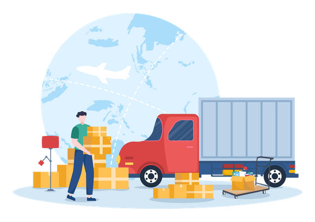 Repartidor cargando paquete en camión  Ilustración