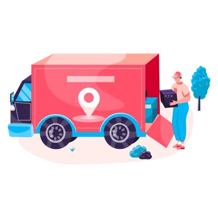 Repartidor cargando paquetes en camión  Ilustración