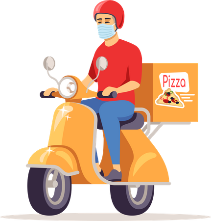Repartidor con mascarilla quirúrgica va a entregar pizza  Ilustración