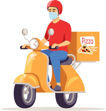 Repartidor con mascarilla quirúrgica va a entregar pizza  Ilustración