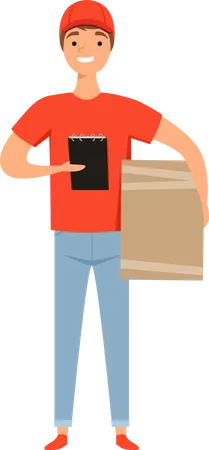 Repartidor con paquete y lista de entrega  Ilustración