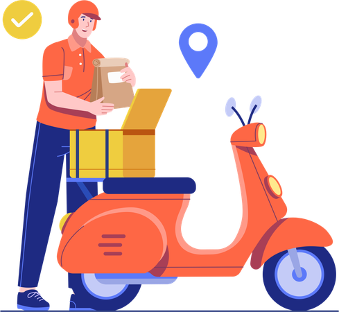 Repartidor de comida haciendo entregas en scooter  Ilustración
