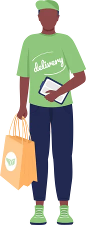 Repartidor de pie mientras sostiene una bolsa de entrega ecológica  Ilustración