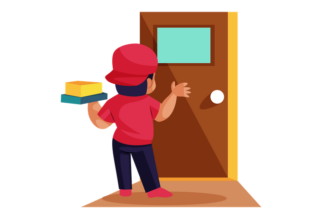 Repartidor de pizza en la puerta  Ilustración