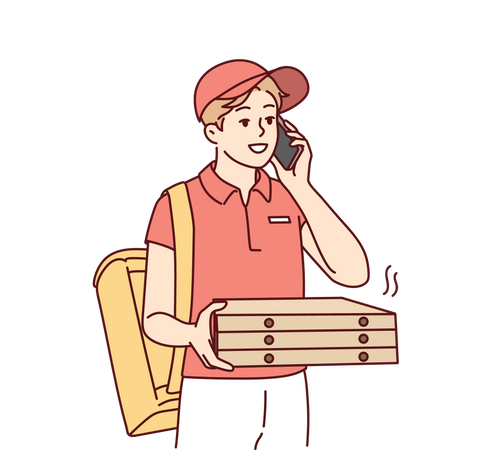 Repartidor de pizza llamando al cliente  Ilustración