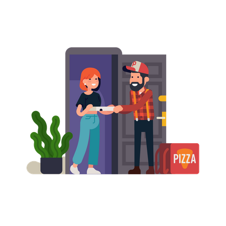 Repartidor de pizzas entregando una caja de pizza a un cliente parado frente a la puerta  Ilustración