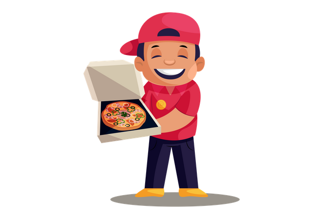 Repartidor de pizzas mostrando pizza en caja  Ilustración