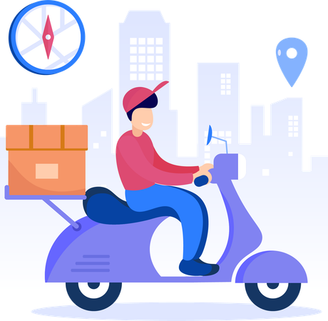 Repartidor en scooter mientras va a entregar un paquete  Ilustración