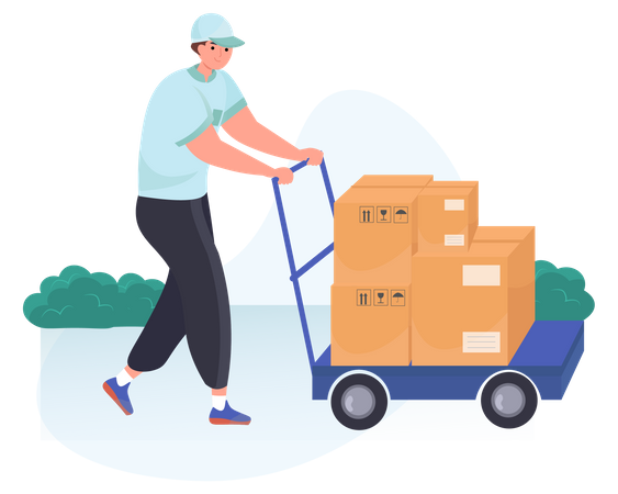 El repartidor entrega paquetes múltiples y pesados en el carrito de entrega  Ilustración