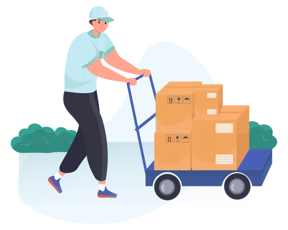 El repartidor entrega paquetes múltiples y pesados en el carrito de entrega  Ilustración