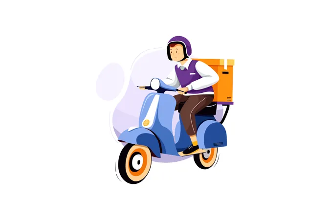 El repartidor entrega el paquete del pedido en una scooter  Ilustración