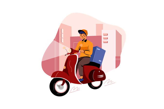 El repartidor entrega el paquete del pedido en una scooter  Ilustración