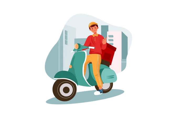 El repartidor entrega el paquete en una scooter  Ilustración