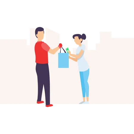 Repartidor intercambia dinero y entrega paquete al cliente  Ilustración