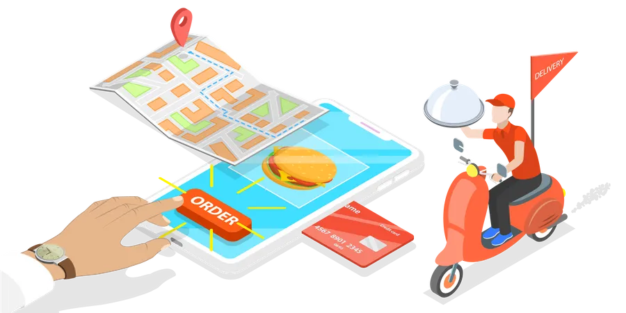 El repartidor proporciona un servicio de entrega rápida en scooter  Ilustración