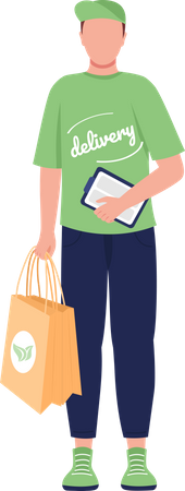 Repartidor sosteniendo una bolsa de papel  Ilustración