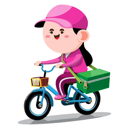 Repartidora montando bicicleta y entregando el pedido.  Ilustración