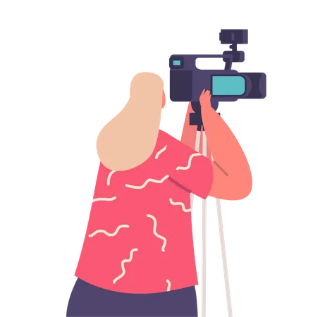 Repórter feminina com câmera de vídeo profissional  Ilustração