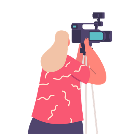 Repórter feminina com câmera de vídeo profissional  Ilustração