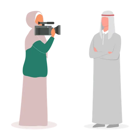 Jornalista De TV Muculmano Ou Reporter De Noticias Personagem Com Camera Atirando Em Homem Muculmano Ilustracao Vetorial Isolada Ilustração