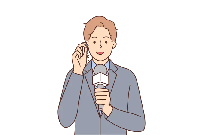 Man Reporter With Microphone And Earpiece Informs TV Viewers About Important News Live Guy Works On Television Makes Career As Journalist Or Reporter From Press Service Of Government Agencies イラスト