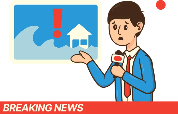 Repórter mostra notícias ao vivo sobre tsunami  Ilustração