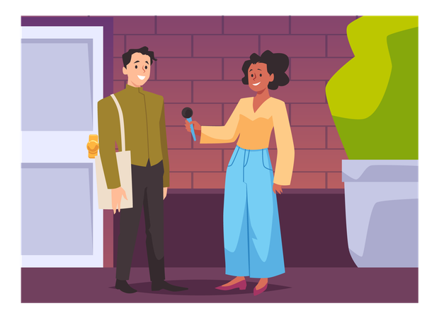 Repórter de notícias mulher com microfone entrevistando homem correspondente de mídia  Ilustração