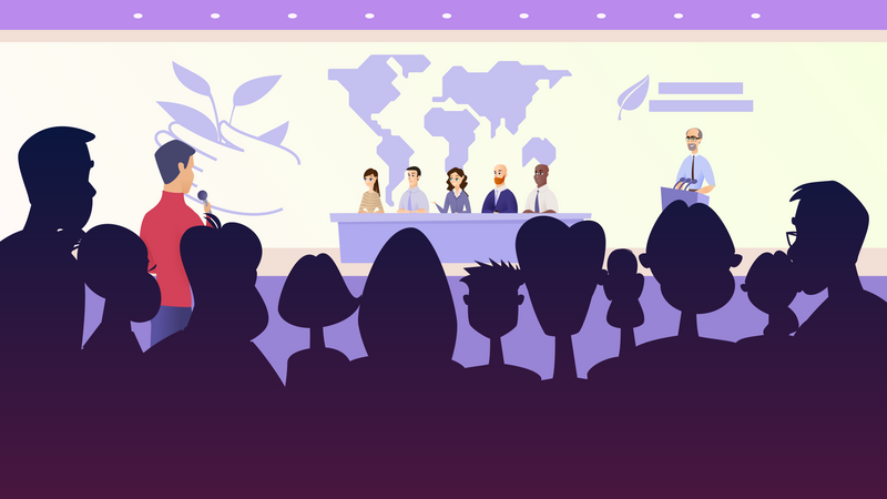 Reporters asking questions to social activist panel  Illustration