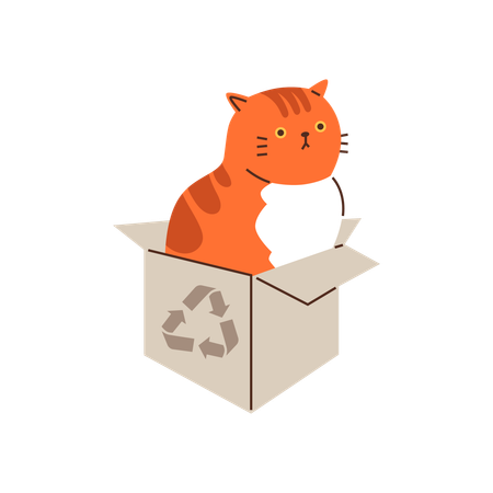 Representación de un gato naranja a rayas perezoso relajándose a gusto en una caja de cartón.  Ilustración