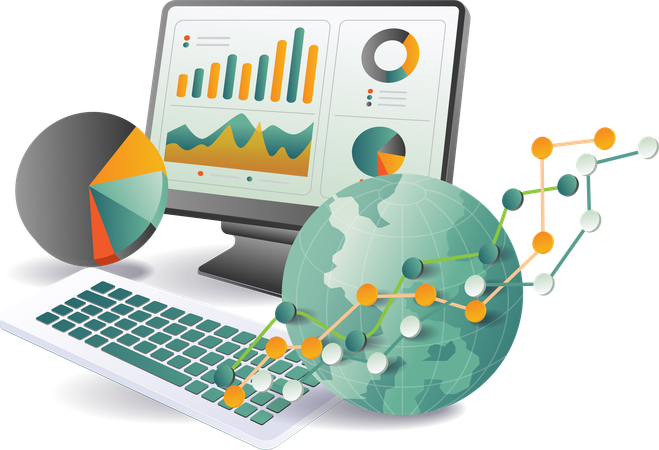 Representando el análisis global de datos y la integración de tecnología.  Ilustración