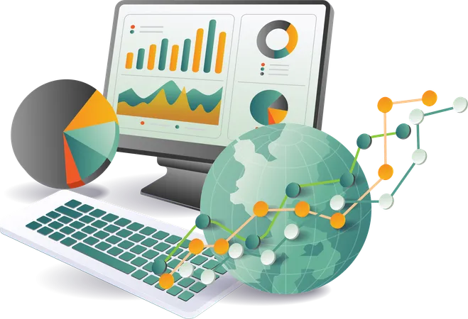 Representando el análisis global de datos y la integración de tecnología.  Ilustración