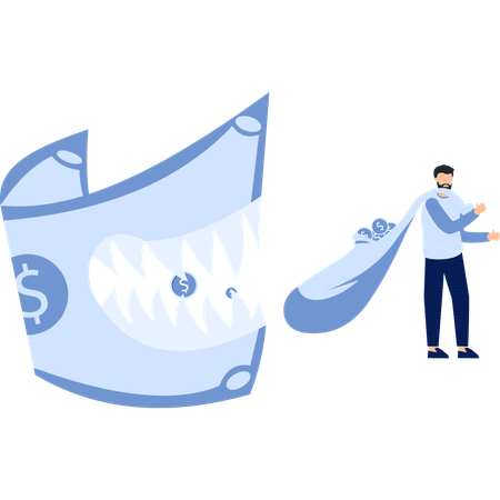 Requin mangeur d'argent et homme avec des pièces  Illustration