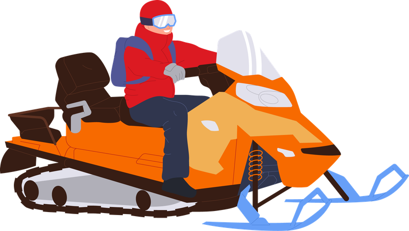Rescatista de invierno conduciendo una moto de nieve para buscar y encontrar a una víctima en un resort de montaña  Ilustración