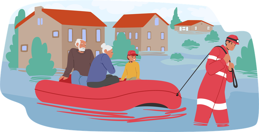 Rescue Personnel Guide Two Elderly Individuals And Kid To Safety In An Inflatable Boat Through Floodwaters  Illustration