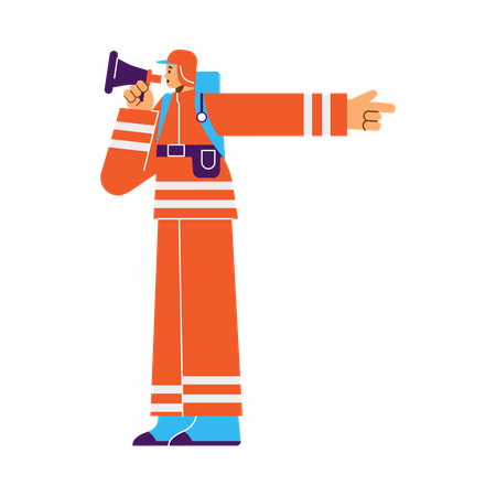Rescue team fireman with megaphone announces evacuation  Illustration