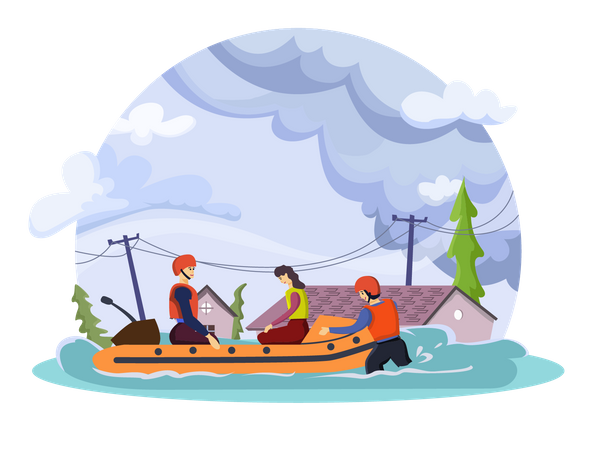 Rescue team saving people in flood  Illustration